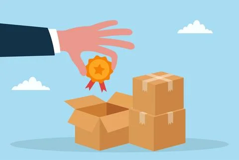 Vector illustration of a hand placing a quality badge on a cardboard box Illustrazione stock