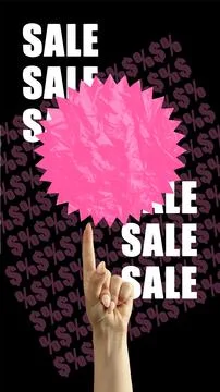 Vector illustration. Hand pointing towards pink sale sign, with dollar signs and Illustrazione stock