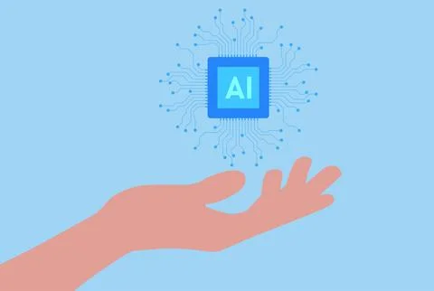 Vector illustration of a hand protecting an AI chip which is a symbolic Stock Illustration