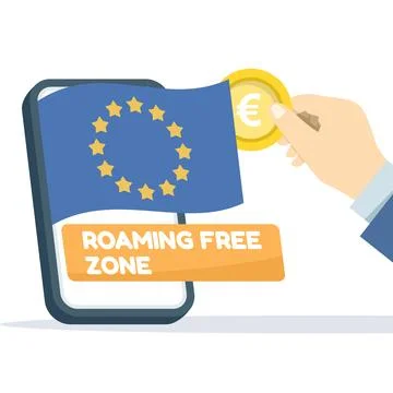 Vector illustration of hand putting coin on smartphone, EU free roaming zone. Stock Illustration