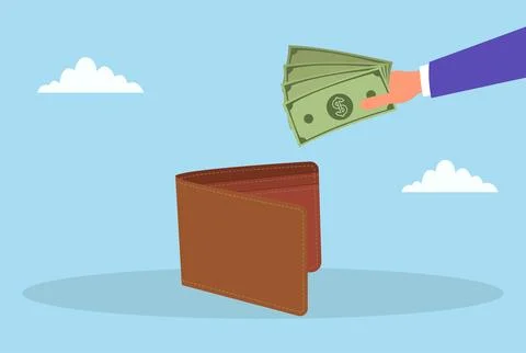 Vector illustration of a hand putting dollar bills into an open wallet Stock-Illustration