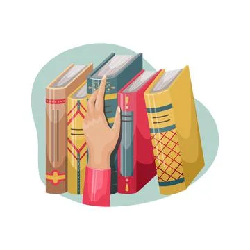 Vector illustration of a hand taking a book from a shelf. Books with covers a Ilustração Stock