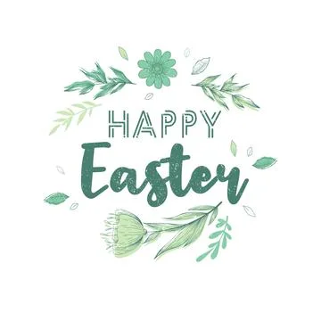 Vector illustration with hand written Happy Easter phrase with flowers, leave Stock Illustration