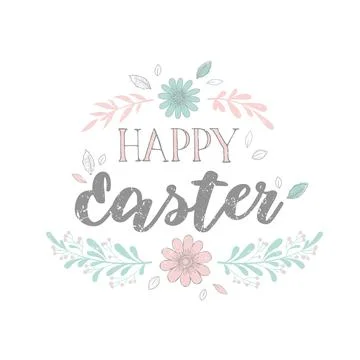 Vector illustration with hand written Happy Easter phrase with flowers, leave Stock Illustration