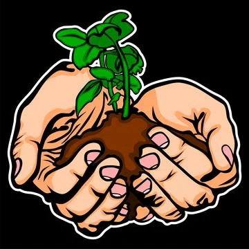 Vector illustration of hands carrying plants with white outline on black ba.. Stock Illustration