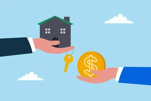 Vector illustration of hands exchanging a house and money coin Stock Illustration