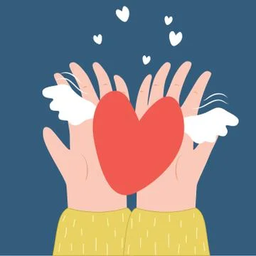 Vector illustration of hands holding a heart with wings. Stock Illustration