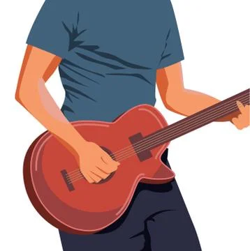 Vector illustration of hands playing light brown acoustic guitar. Close up, blue Stock Illustration