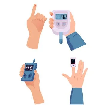 Vector illustration of hands using diabetic devices to monitor glucose levels. Stock Illustration