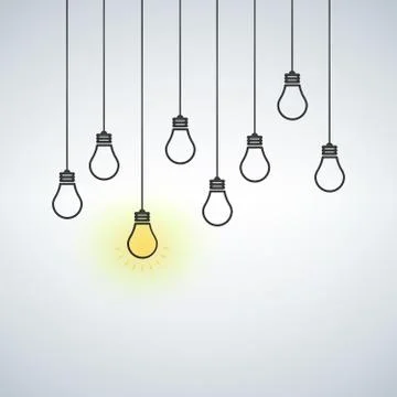 Vector illustration with hanging light bulbs. One light bulb is on Stock Illustration