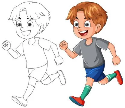 Vector Illustration of a Happy Boy Running with Coloring Page Version Stock Illustration