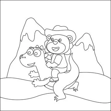 Vector illustration of happy cute bear riding cute dinosaurs. Stock Illustration