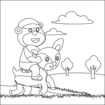 Vector illustration of happy cute bear riding cute deer. Stock Illustration