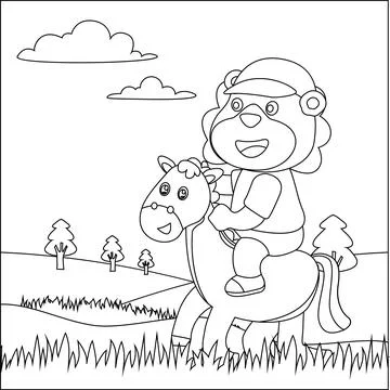 Vector illustration of happy cute bear riding cute horse. Childish design Stock Illustration