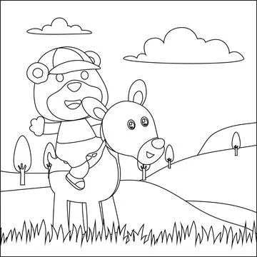 Vector illustration of happy cute bear riding cute donkey Stock Illustration
