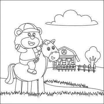 Vector illustration of happy cute bear riding cute horse. Childish design Stock Illustration