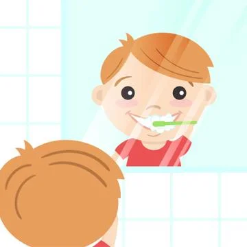 Vector illustration of happy cute boy cleaning his teeth with toothpaste and  Stock Illustration
