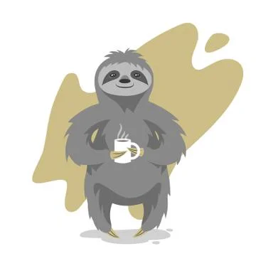 Vector illustration of happy cute sloth with the cup of tea or coffee. Vector Stock Illustration