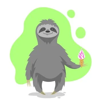 Vector illustration of happy cute sloth holding an ice cream in his hand. Vec Illustrazione stock