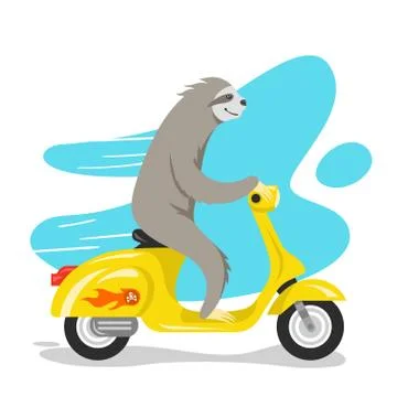 Vector illustration of happy cute sloth riding on scooter. Retro style transp Stock Illustration