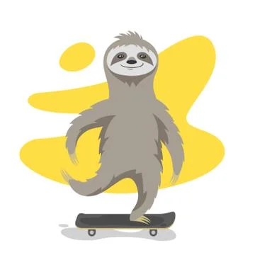 Vector illustration of happy cute sloth on skateboard. Sloth riding skateboar Stock Illustration