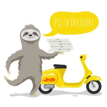 Vector illustration of happy cute sloth with pizza boxes and a speech bubble. Stock Illustration