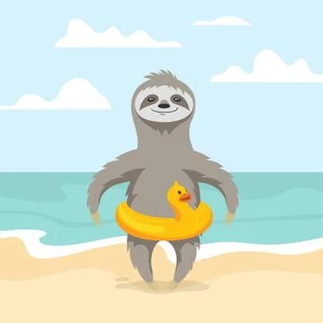 Vector illustration of happy cute sloth on the beach. Summer vacation. Yellow Stock Illustration