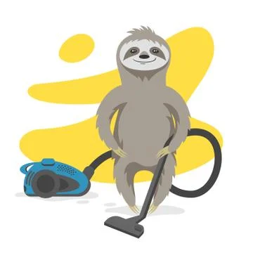 Vector illustration of happy cute sloth that makes cleaning with a vacuum cle Stock Illustration