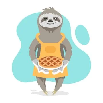 Vector illustration of happy cute sloth wearing kitchen apron and holding tas Stock Illustration