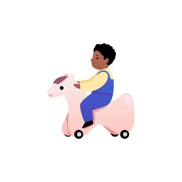 Vector illustration of happy dark skinned little boy sitting on toy horse with Stock Illustration