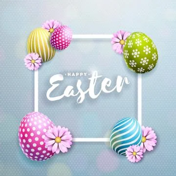 Vector Illustration of Happy Easter Holiday with Painted Egg and Flower on Clean Illustrazione stock