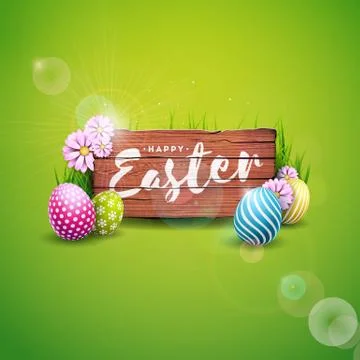 Vector Illustration of Happy Easter Holiday with Painted Egg and Flower on Green Stock Illustration