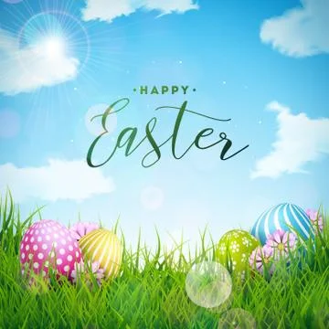 Vector Illustration of Happy Easter Holiday with Painted Egg and Flower on Green Stock Illustration