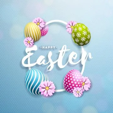 Vector Illustration of Happy Easter Holiday with Painted Egg and Flower on Clean Stock Illustration