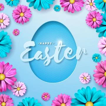 Vector Illustration of Happy Easter Holiday with Painted Egg and Flower on Clean Stock Illustration