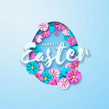 Vector Illustration of Happy Easter Holiday with Painted Egg and Flower on Clean Stock Illustration