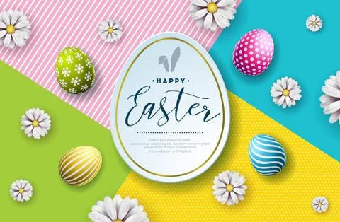 Vector Illustration of Happy Easter Holiday with Painted Egg and Flower on Stock Illustration