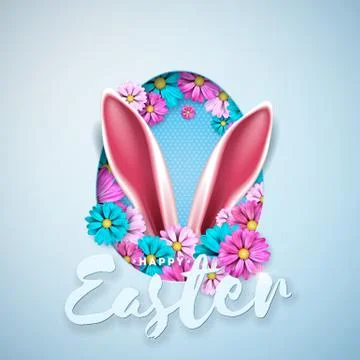 Vector Illustration of Happy Easter Holiday with Spring Flower in Nice Rabbit Stock Illustration