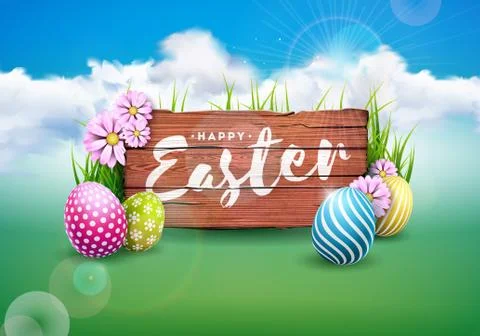 Vector Illustration of Happy Easter Holiday with Painted Egg and Flower on Green Stock Illustration