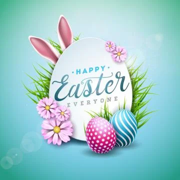 Vector Illustration of Happy Easter Holiday with Painted Egg, Rabbit Ears and Stock Illustration