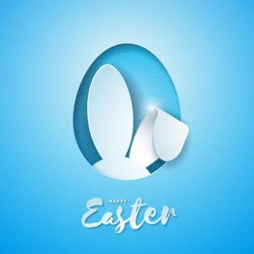 Vector Illustration of Happy Easter Holiday with Rabbit Ears in Cutting Egg and Stock Illustration