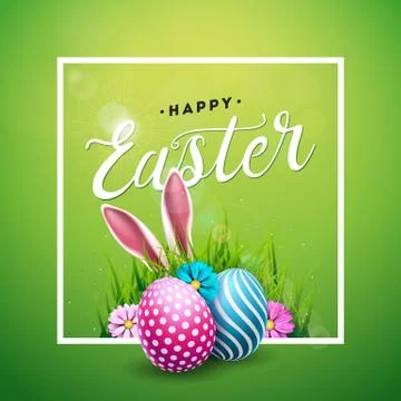 Vector Illustration of Happy Easter Holiday with Painted Egg, Rabbit Ears and Stock Illustration