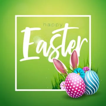 Vector Illustration of Happy Easter Holiday with Painted Egg, Rabbit Ears and Stock Illustration