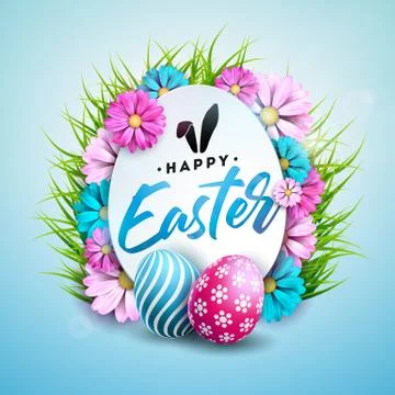 Vector Illustration of Happy Easter Holiday with Painted Egg, Flower and Green Stock Illustration