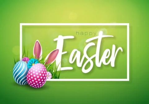 Vector Illustration of Happy Easter Holiday with Painted Egg, Rabbit Ears and Stock Illustration
