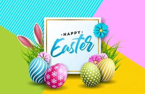 Vector Illustration of Happy Easter Holiday with Painted Egg, Rabbit Ears and Illustrazione stock