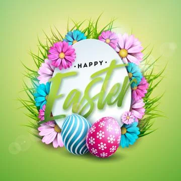 Vector Illustration of Happy Easter Holiday with Painted Egg and Color Flower on Illustrazione stock