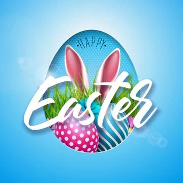 Vector Illustration of Happy Easter Holiday with Painted Egg, Rabbit Ears and Stock Illustration