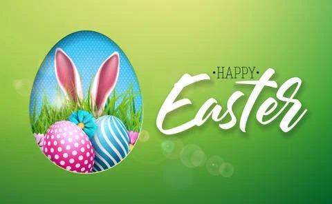 Vector Illustration of Happy Easter Holiday with Painted Egg, Rabbit Ears and Stock Illustration