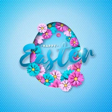 Vector Illustration of Happy Easter Holiday with Colorful Flower and Paper Illustrazione stock